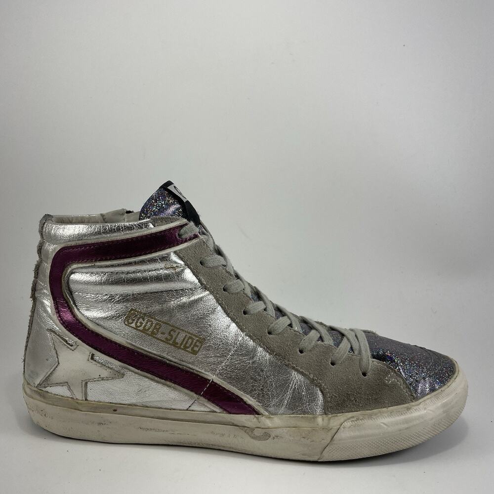 Golden Goose Silver and Purple Sneakers